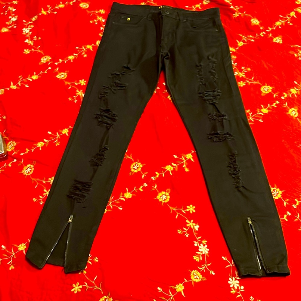 🔥BLACK DENIM DISTRESSED JEANS EXTREME FIT BRAZILIAN WITH ZIPPER BOTTOMS …